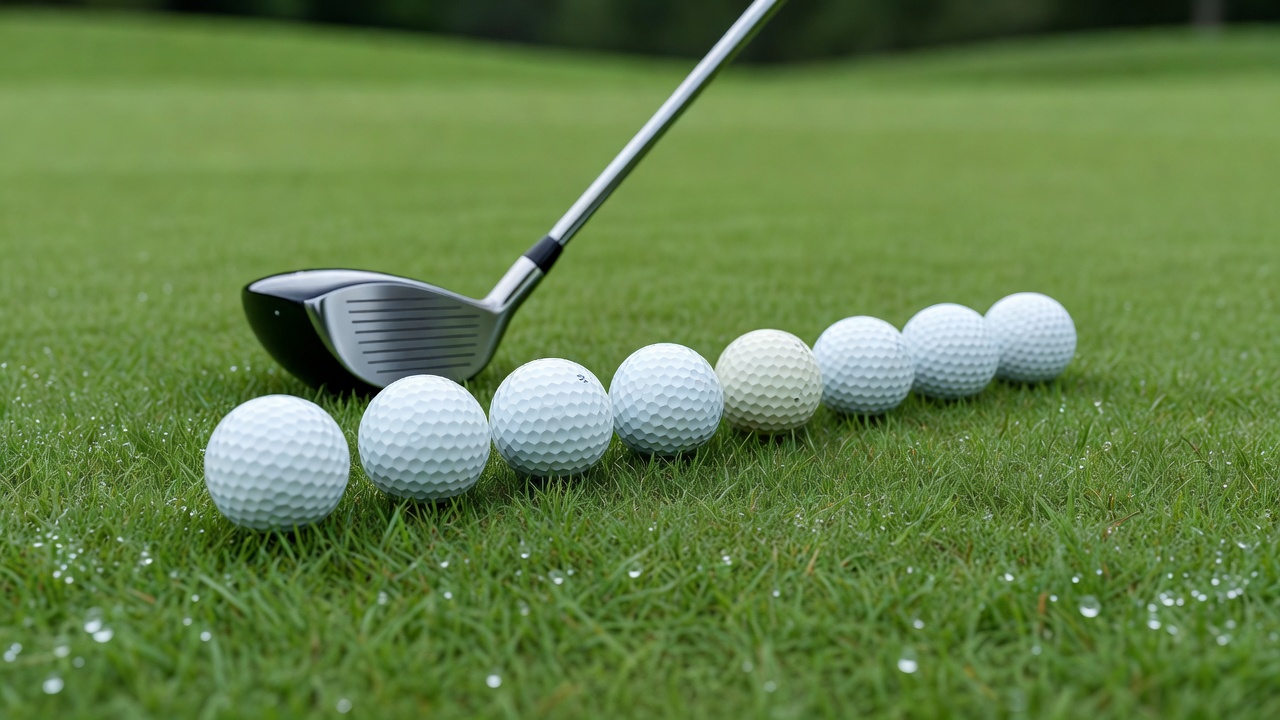 Close-up of several golf balls of different brands lined up on green fairway gra